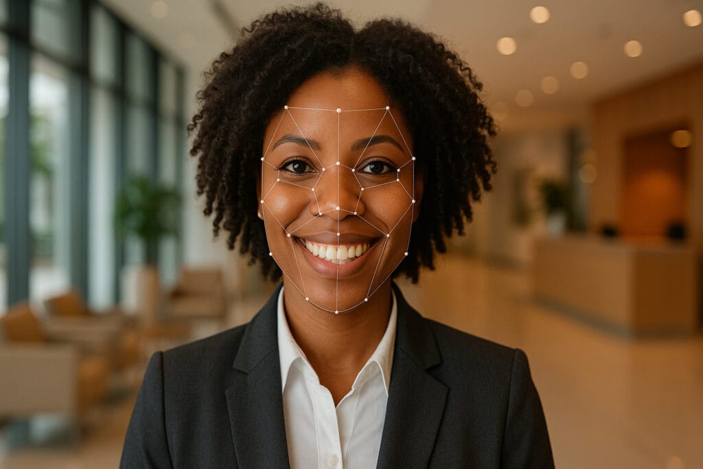 Mulher sorridente vestida profissionalmente em um saguão de escritório moderno, com pontos e linhas de mapeamento facial digitalmente sobrepostos em seu rosto, ilustrando as tecnologias de reconhecimento facial e identificação biométrica.